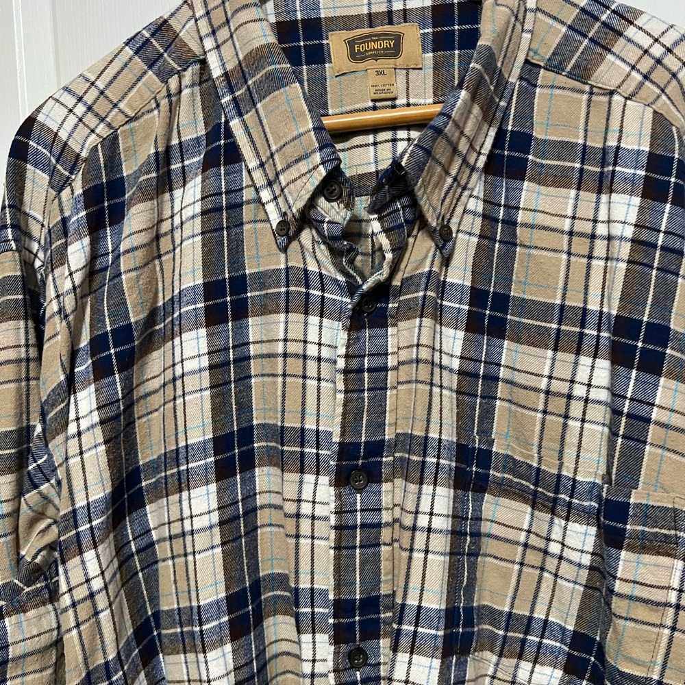 The Foundry Supply Co. Men's Casual Plaid Shirt - Navy and Tan 3X